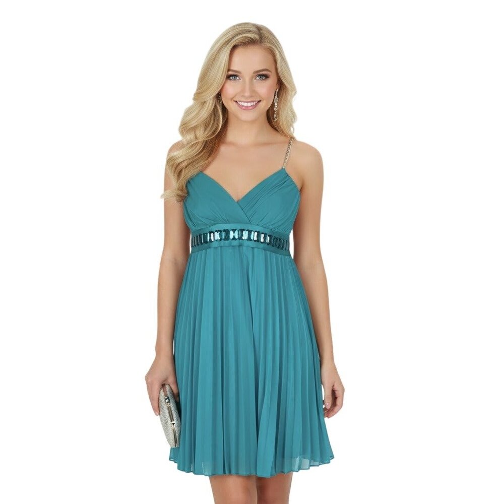 Ruby Rox Teal Chiffon Pleated Cocktail Mini Dress M Beaded Belt Hoco Flowy